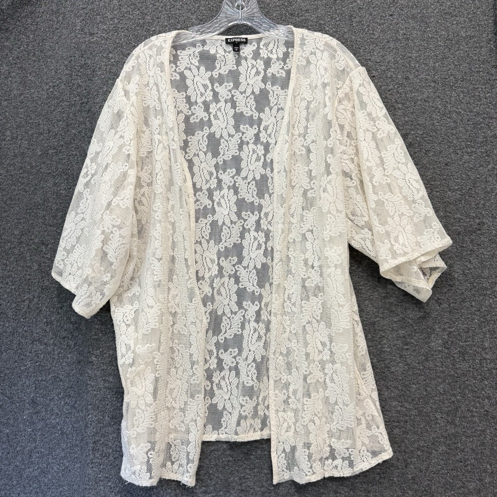 Y2K Romantic Festival Sheer Crochet Lace Open Front Cardigan 3/4 Sleeve Medium